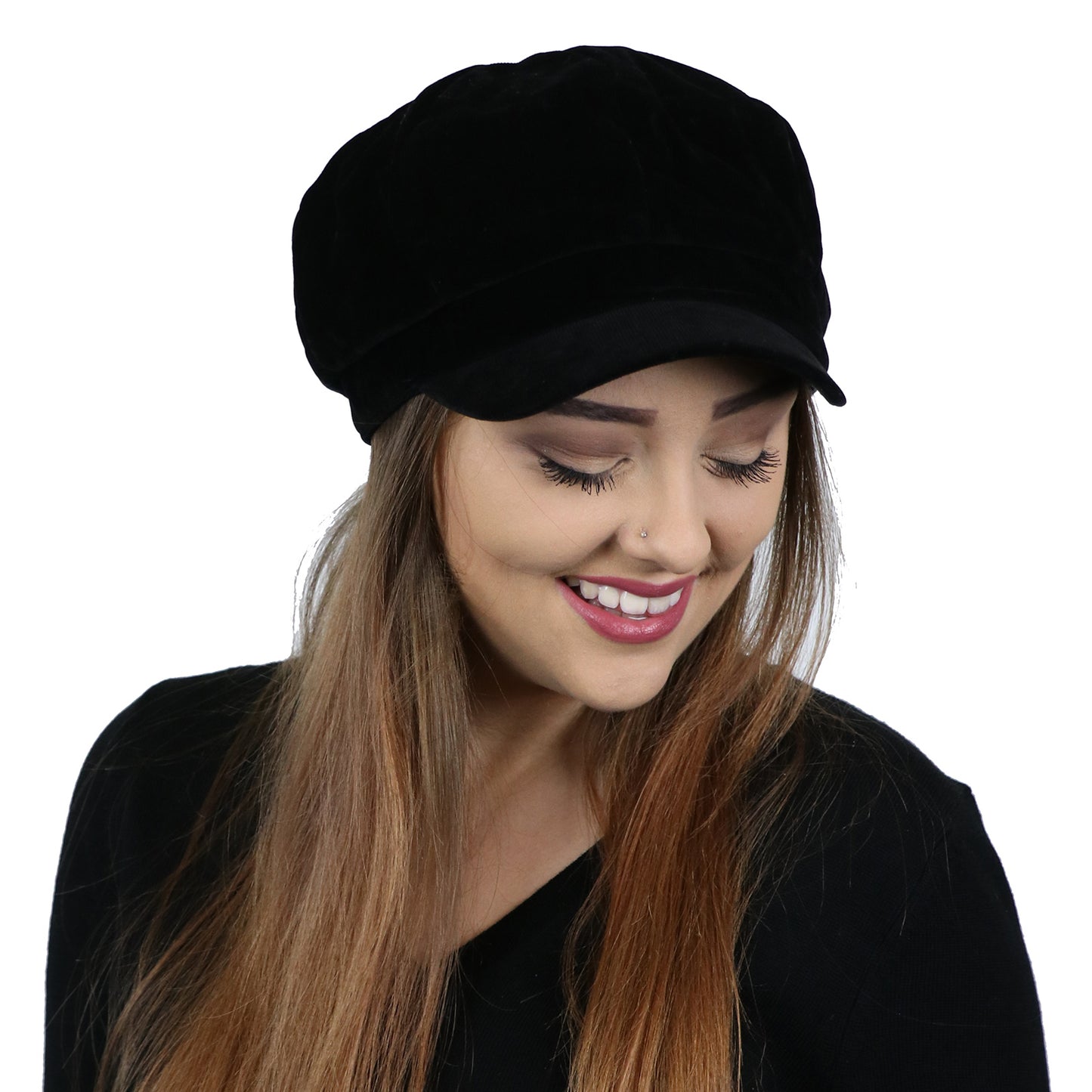 Black Velvet Newsboy Cabbie Hat for Women Chemo Headwear