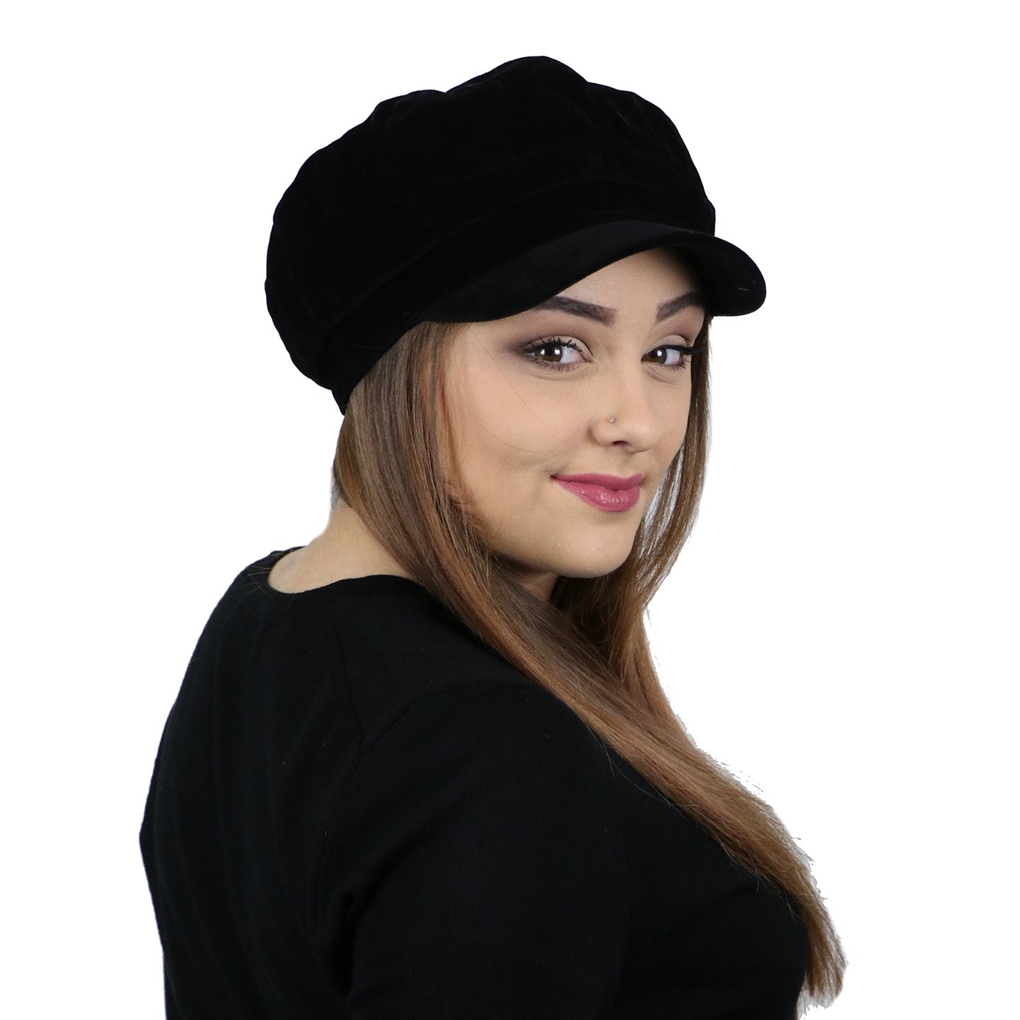 Black Velvet Newsboy Cabbie Hat for Women Chemo Headwear