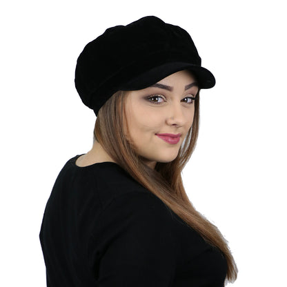 Black Velvet Newsboy Cabbie Hat for Women Chemo Headwear